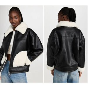 NWOT NEW APPARIS Catalina Vegan Leather Shearling Coat Jacket XS/ S Black Ivory‎